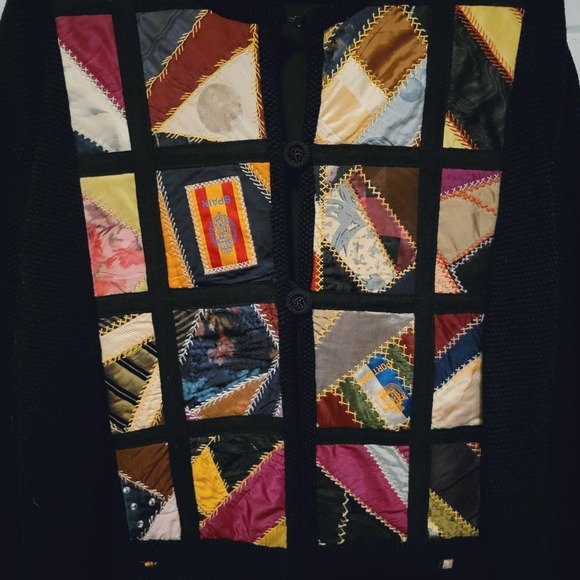 Crazy quilt cardigan sweater handmade art to wear oversized M Tobacco silks - Picture 5 of 10